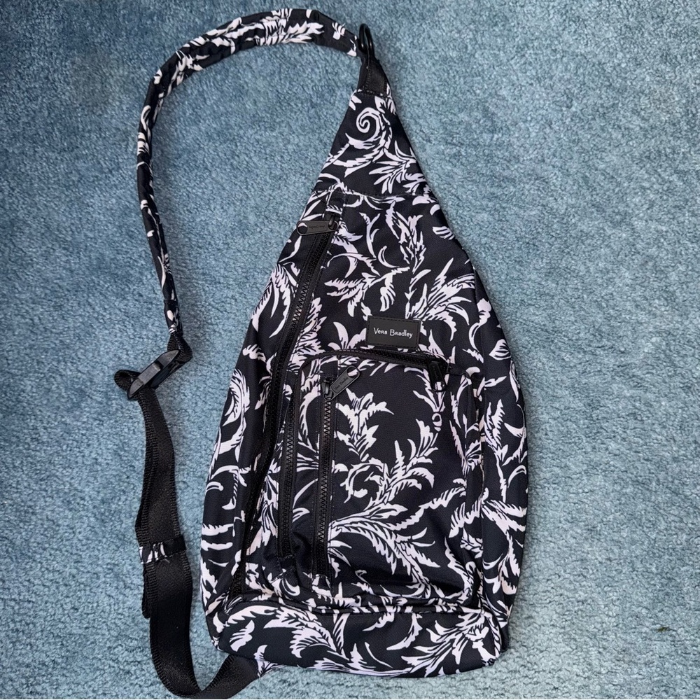 Vera Bradley ReActive Sling Backpack in Glass Vines Black White Recycled - Picture 3 of 7